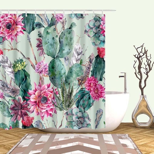 Cactus Pink Flowers Desert Plants Shower Curtain, Green Cacti Flora Theme Bathroom Curtain
