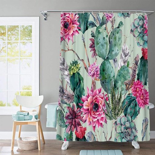 Cactus Pink Flowers Desert Plants Shower Curtain, Green Cacti Flora Theme Bathroom Curtain - Image 2