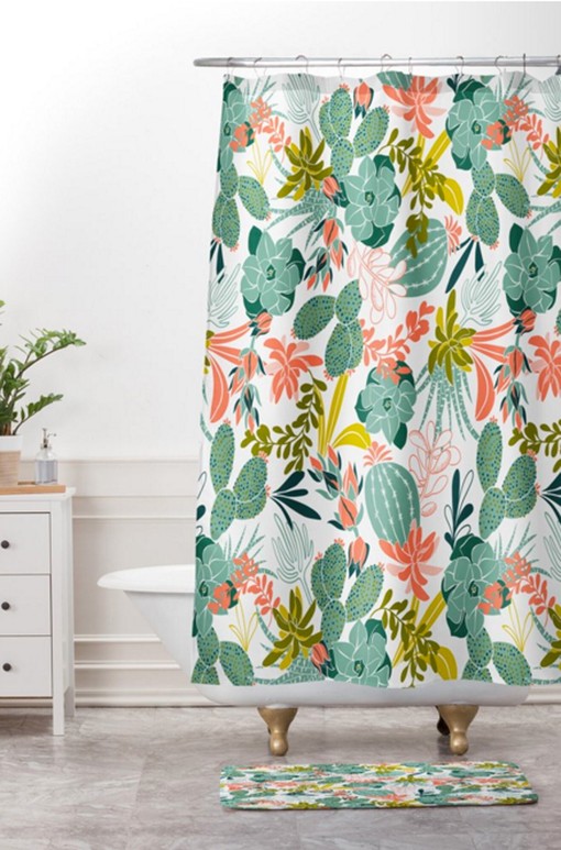 Cactus Print Boho Shower Curtain, Home Decor Essential, Fabric Bath Curtain