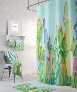 Cactus Shower Curtain Set with Pastel Watercolor Succulent Bathroom Decor for Desert Vibes