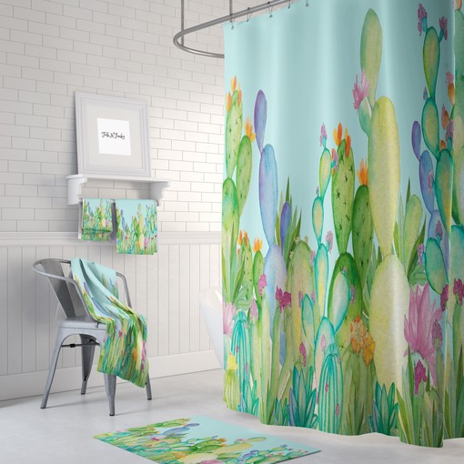 Cactus Shower Curtain Set with Pastel Watercolor Succulent Bathroom Decor for Desert Vibes