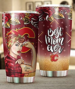 Calgary Flames NHL Tumbler Personalized Best Mom Ever Tumbler with Flower Design, Perfect for NHL Fans