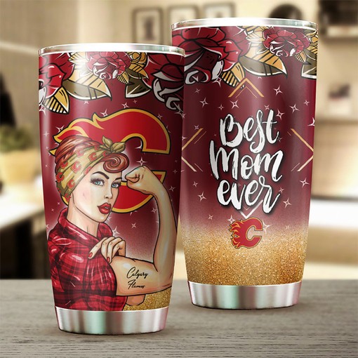 Calgary Flames NHL Tumbler Personalized Best Mom Ever Tumbler with Flower Design, Perfect for NHL Fans
