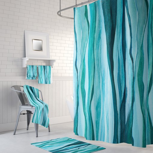 Calming Watercolor Aqua Shower Curtain with Optional Towels and Mat