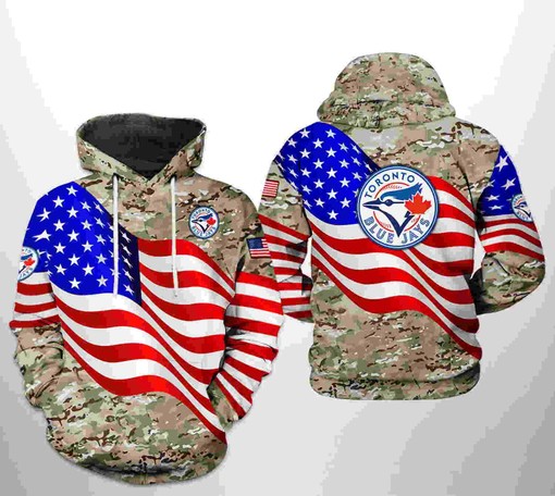 Camo Veteran Style USA Flag Toronto Blue Jays 3D Hoodie with Zipper - Great for Military Families
