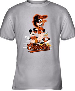 Cartoon Characters Tee for Fans: Baltimore Orioles Mickey, Donald, and Goofy Baseball T-Shirt with Disney Characters