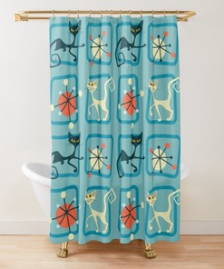 Cat Lover's Geometric Mod Century Modern Blue and Mint Green Atomic Cat Retro Kitty Shower Curtain