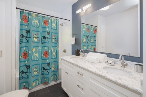 Cat Lover's Geometric Mod Century Modern Blue and Mint Green Atomic Cat Retro Kitty Shower Curtain - Image 2