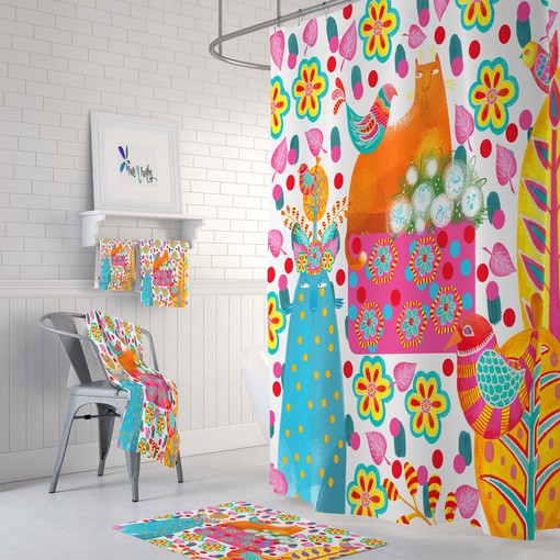 Cats and Birds Folk Art Shower Curtain | Whimsical Bathroom Decor | Cute Bath Curtain | Customizable - Image 2