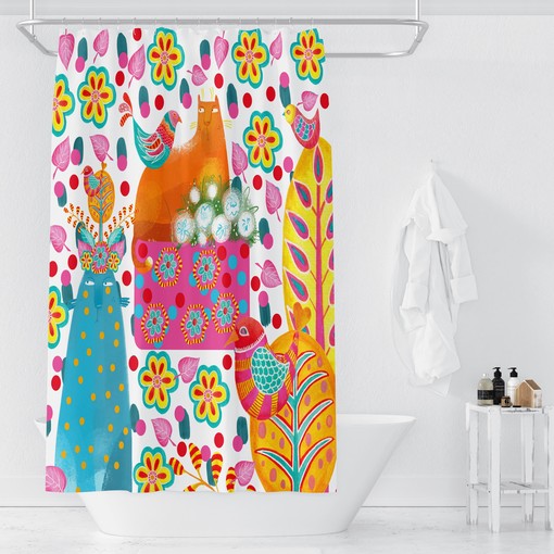 Cats and Birds Folk Art Shower Curtain | Whimsical Bathroom Decor | Cute Bath Curtain | Customizable - Image 3
