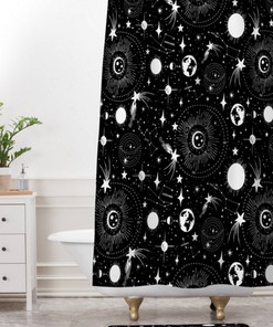 Celestial Black and White Shower Curtain with Outerspace Theme for Unique Bathroom