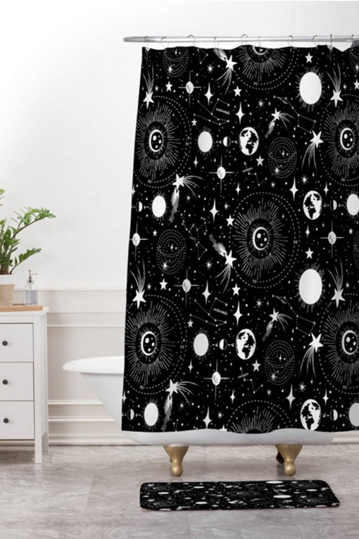 Celestial Black and White Shower Curtain with Outerspace Theme for Unique Bathroom