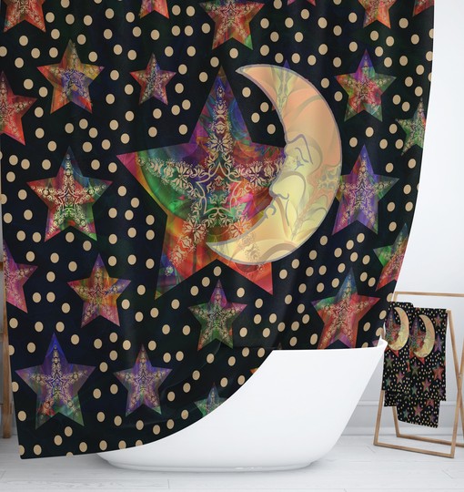 Celestial Good Moon Boho Shower Curtain Set for Peaceful Bathroom Decor