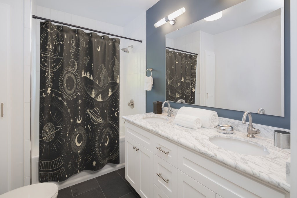 Celestial Moon Space Cosmos Print Shower Curtain for Outer Space Bathroom Decor - Image 2