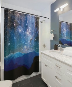 Celestial Nature Lover Shower Curtain with Abstract Milky Way Mountain Boho Print
