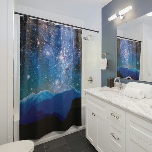 Celestial Nature Lover Shower Curtain with Abstract Milky Way Mountain Boho Print
