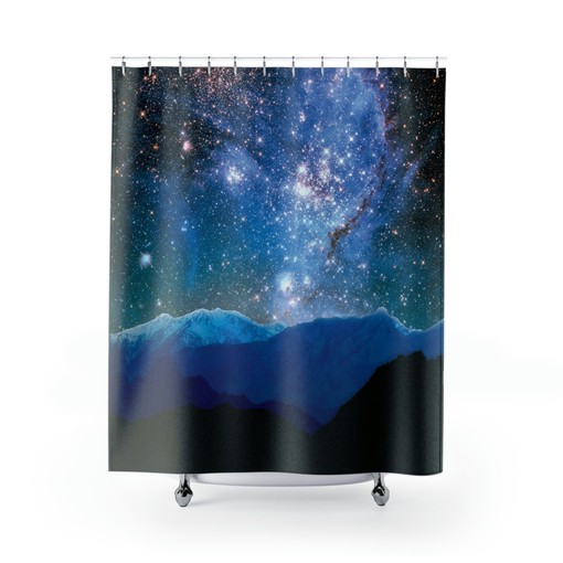 Celestial Nature Lover Shower Curtain with Abstract Milky Way Mountain Boho Print - Image 2