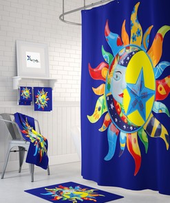 Celestial Sun and Moon Boho Shower Curtain in Fiesta of Colors