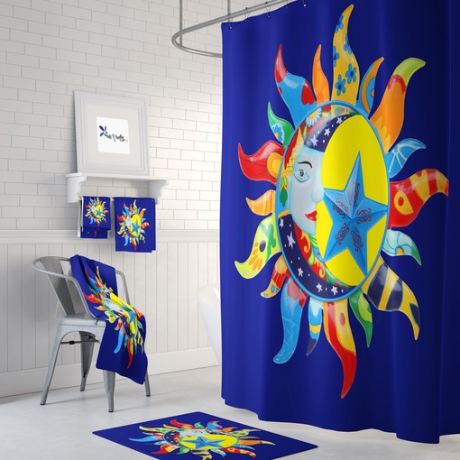 Celestial Sun and Moon Boho Shower Curtain in Fiesta of Colors