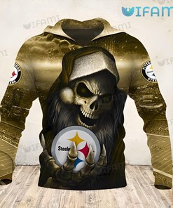 Cheerful Skeleton Wearing Santa Hat - Steelers All Over Print Hoodie with Festive Design