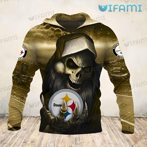Cheerful Skeleton Wearing Santa Hat - Steelers All Over Print Hoodie with Festive Design