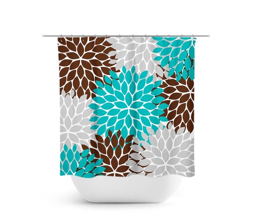 Chic Aqua Brown Gray Floral Shower Curtain | Artistic Bath Decor for Aqua Shabby Chic Bathroom
