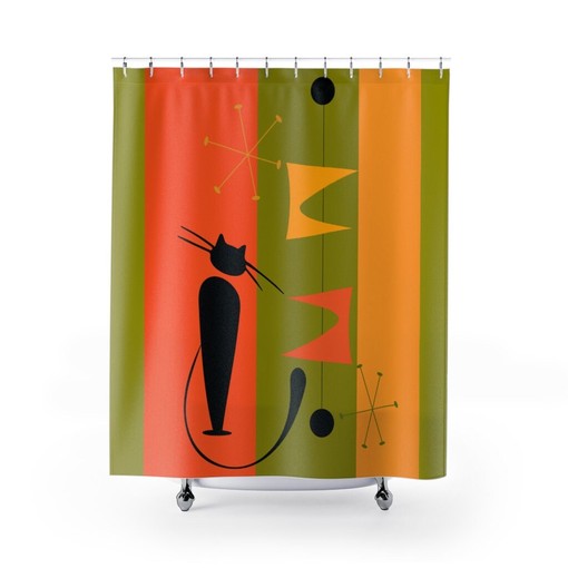 Chic Atomic Cat Green and Yellow Retro Mid Century Modern Shower Curtain for a Bold and Chic Bathroom
