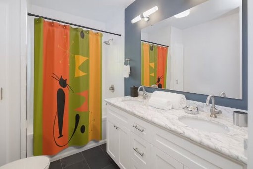Chic Atomic Cat Green and Yellow Retro Mid Century Modern Shower Curtain for a Bold and Chic Bathroom - Image 3