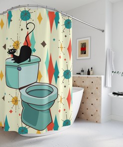 Chic Beige, Orange, and Mint Green Starburst Mod Cat Mid Century Modern Shower Curtain for a Stylish Bathroom