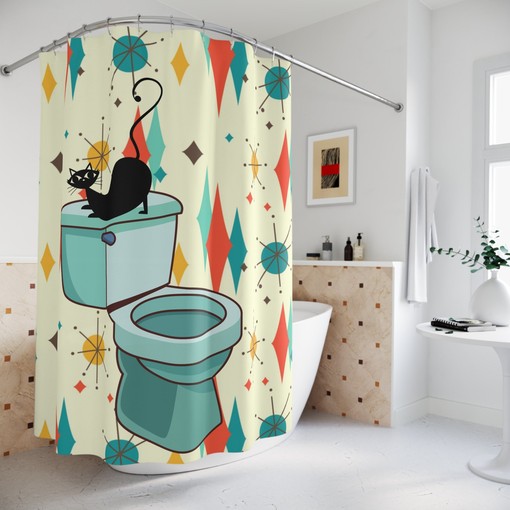 Chic Beige, Orange, and Mint Green Starburst Mod Cat Mid Century Modern Shower Curtain for a Stylish Bathroom
