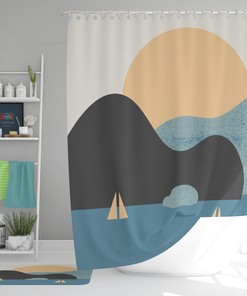 Chic Blue Ocean Ships Minimalist Boho Shower Curtain Set