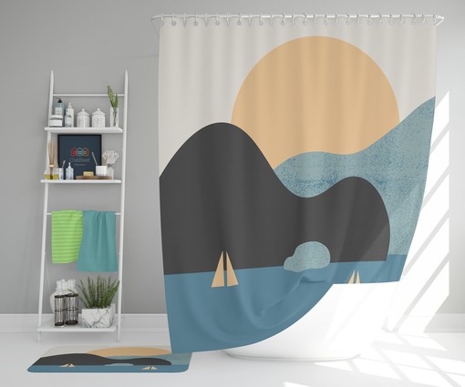 Chic Blue Ocean Ships Minimalist Boho Shower Curtain Set