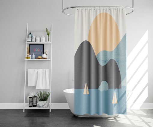 Chic Blue Ocean Ships Minimalist Boho Shower Curtain Set - Image 2