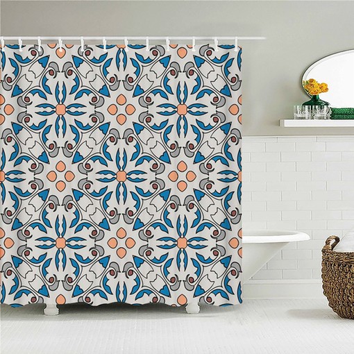 Chic Floral Bohemian Blue Mosaic Tile Shower Curtain for Home Bathroom