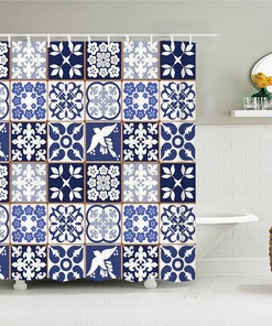 Chic Geometric Bird Design Blue Mosaic Tile Boho Shower Curtain