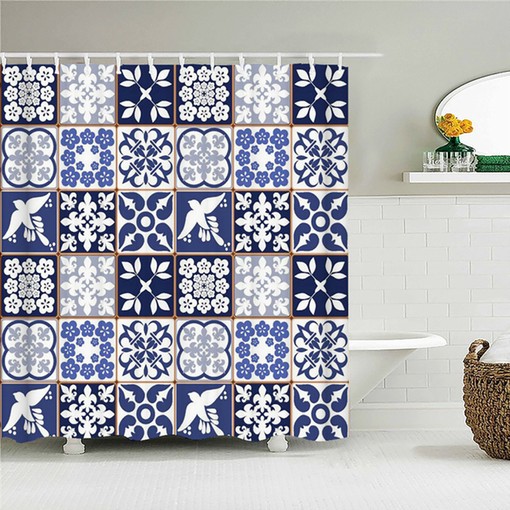 Chic Geometric Bird Design Blue Mosaic Tile Boho Shower Curtain