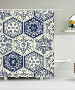 Chic Geometric Floral Design Blue Mosaic Tile Boho Shower Curtain