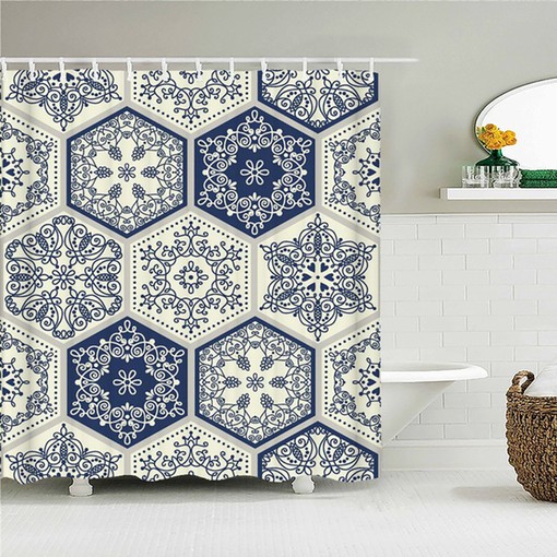 Chic Geometric Floral Design Blue Mosaic Tile Boho Shower Curtain