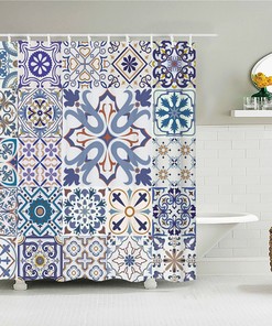 Chic Geometric Square Design Blue Mosaic Tile Boho Shower Curtain