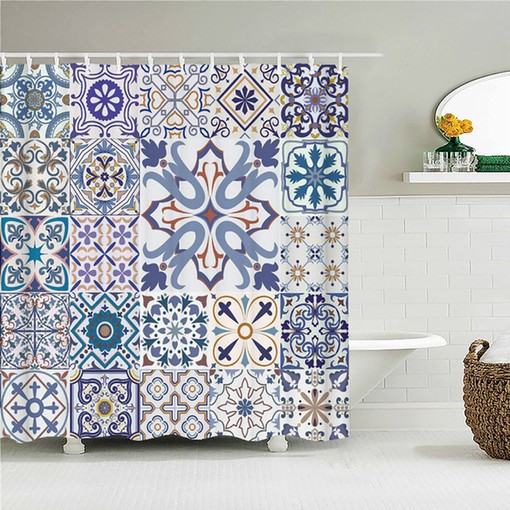 Chic Geometric Square Design Blue Mosaic Tile Boho Shower Curtain