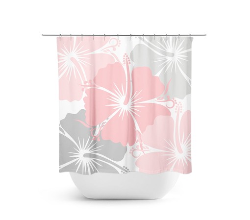 Chic Pink Gray Hibiscus Floral Shower Curtain | Artful Pink Bathroom Decor with Quotes