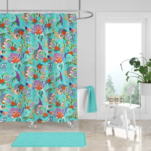 Chic Turquoise Floral Shower Curtain Set - Trendy Bath Set with Matching Towels and Optional Set for Modern Bathroom