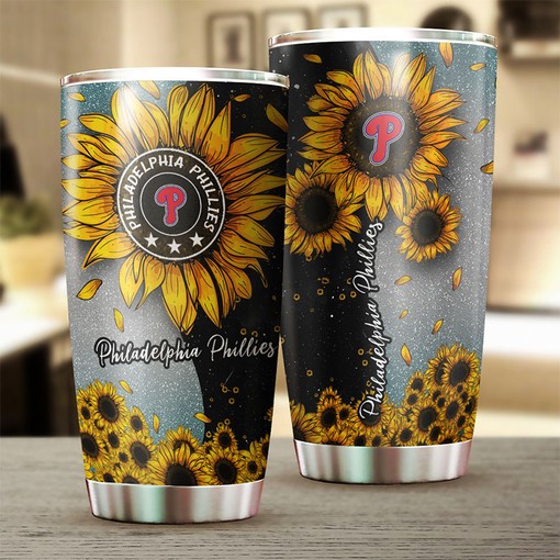 Chic and Cheerful Philadelphia Phillies MLB Tumbler with Gorgeous Sunflower Sunshine Design and Iconic MLB Logo - Image 2
