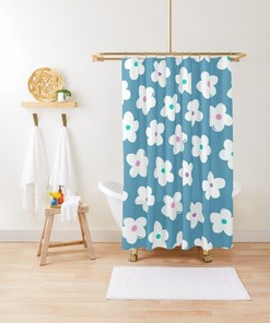Chic and Eco-Friendly Disney Blue Floral Boho Shower Curtain - Waterproof Material with Hooks Included