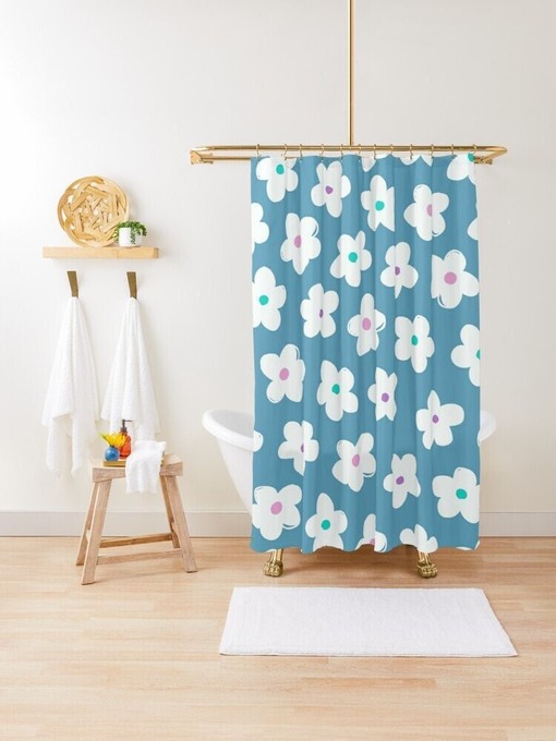 Chic and Eco-Friendly Disney Blue Floral Boho Shower Curtain - Waterproof Material with Hooks Included
