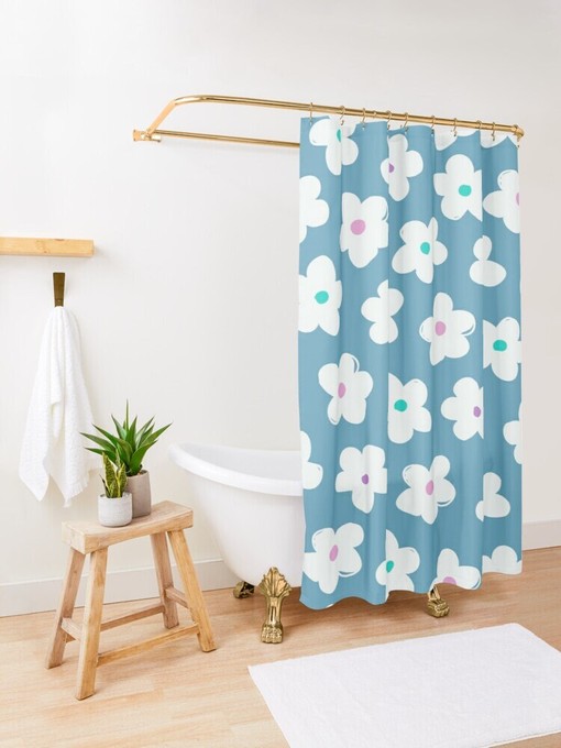 Chic and Eco-Friendly Disney Blue Floral Boho Shower Curtain - Waterproof Material with Hooks Included - Image 2
