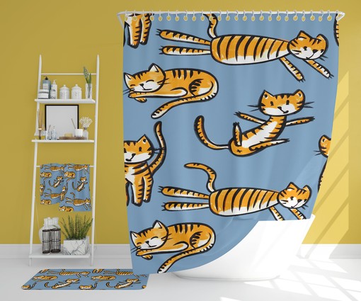 Children's Bathroom Decor | Kitty Cat Shower Curtain, Bath Mat, Waffle Weave Hand Towel, Bath Towel | Fun and Playful