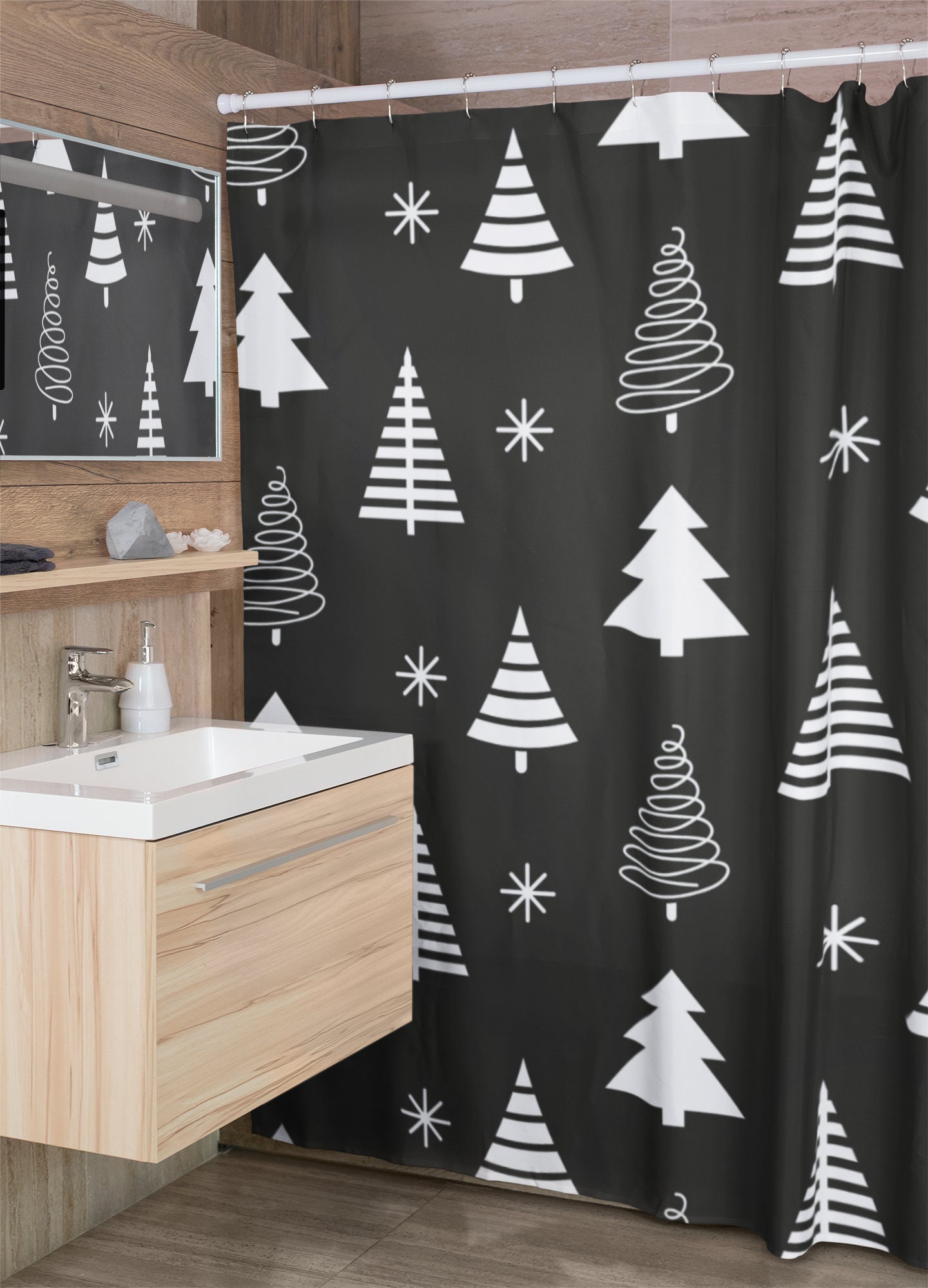 Christmas Retro Shower Curtain Set - Tub Curtain, Home Gift Idea for Vintage Bathroom Decor