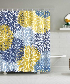 Chrysanthemum Floral Shower Curtain, Customizable Size, Vintage Blue and Yellow Floral Print