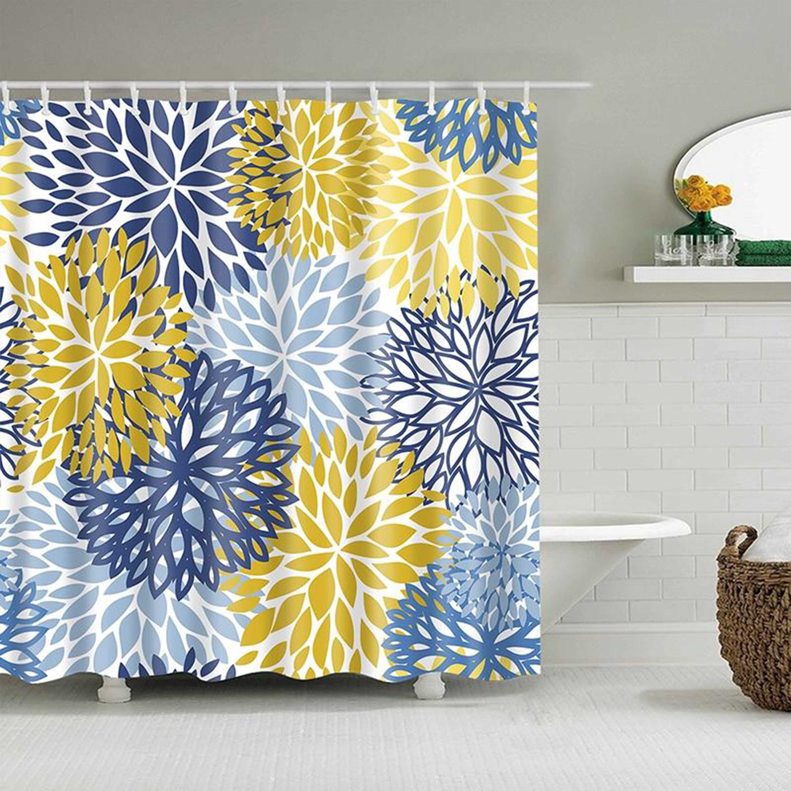 Chrysanthemum Floral Shower Curtain, Customizable Size, Vintage Blue and Yellow Floral Print